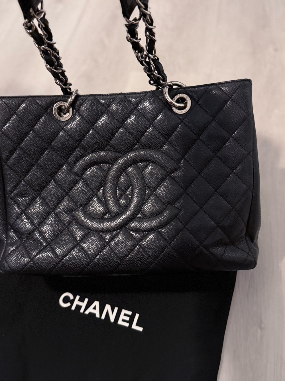 CHANEL Black Quilted Caviar Leather Chain Shoulder Tote